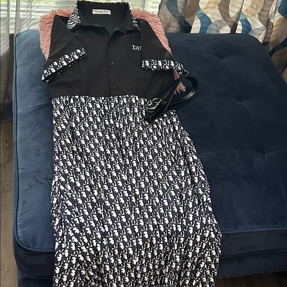 Dior Monochrome Patterned Dress with Belt dress large but its small hand wash on - Picture 1 of 8